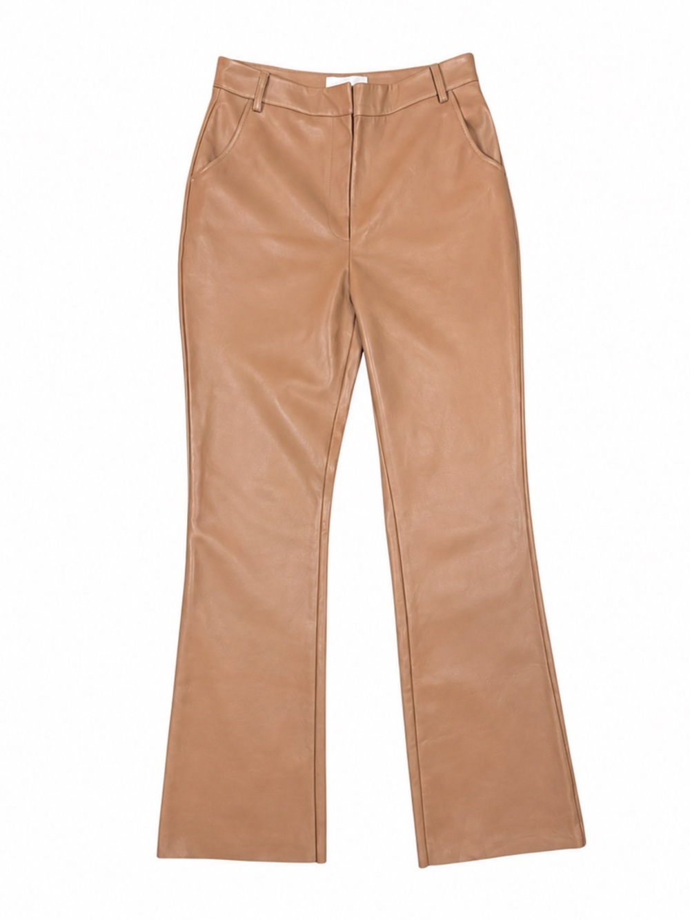 Meshki Tyra Faux Leather Straight Leg Pants Tan Camel High Rise Raw Hem Size L 8